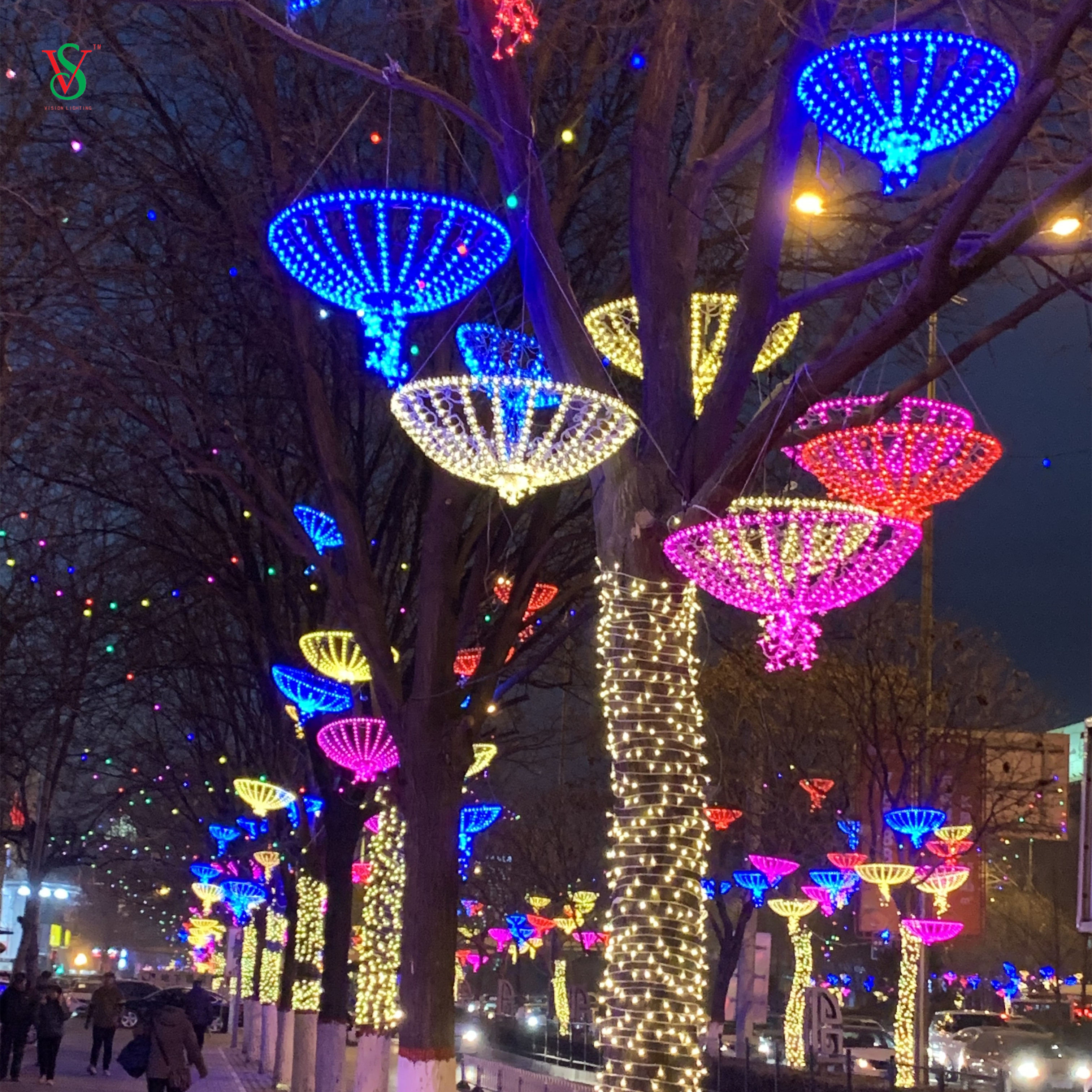 ضوء متحرك لتزيين شارع الكريسماس الصمام ساكورا مظلة عزر الخفيفة 